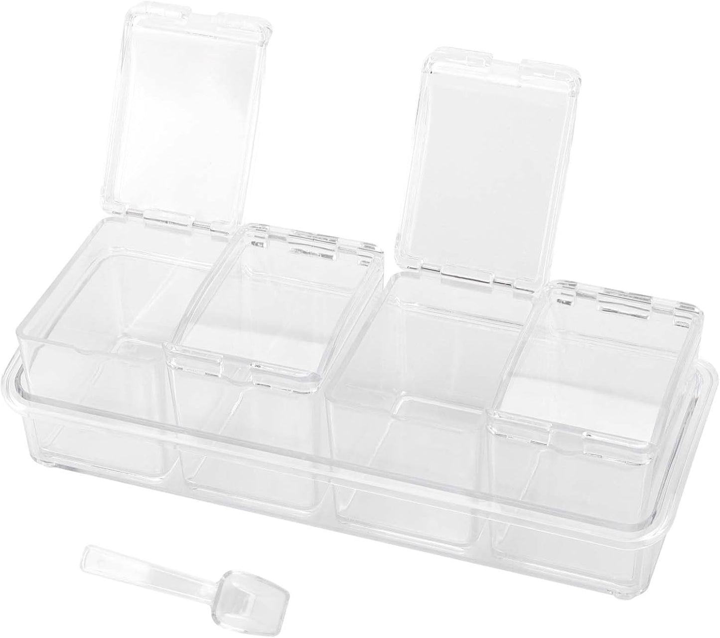 JAPCHET 3 Pack 4 Cell Clear Seasoning Box with Spoons, 10.2 × 3.54 × 3 inch Seasoning Storage Container with Cover, Clear Seasoning Rack Spice Pots for Spice, Salt, Sugar
