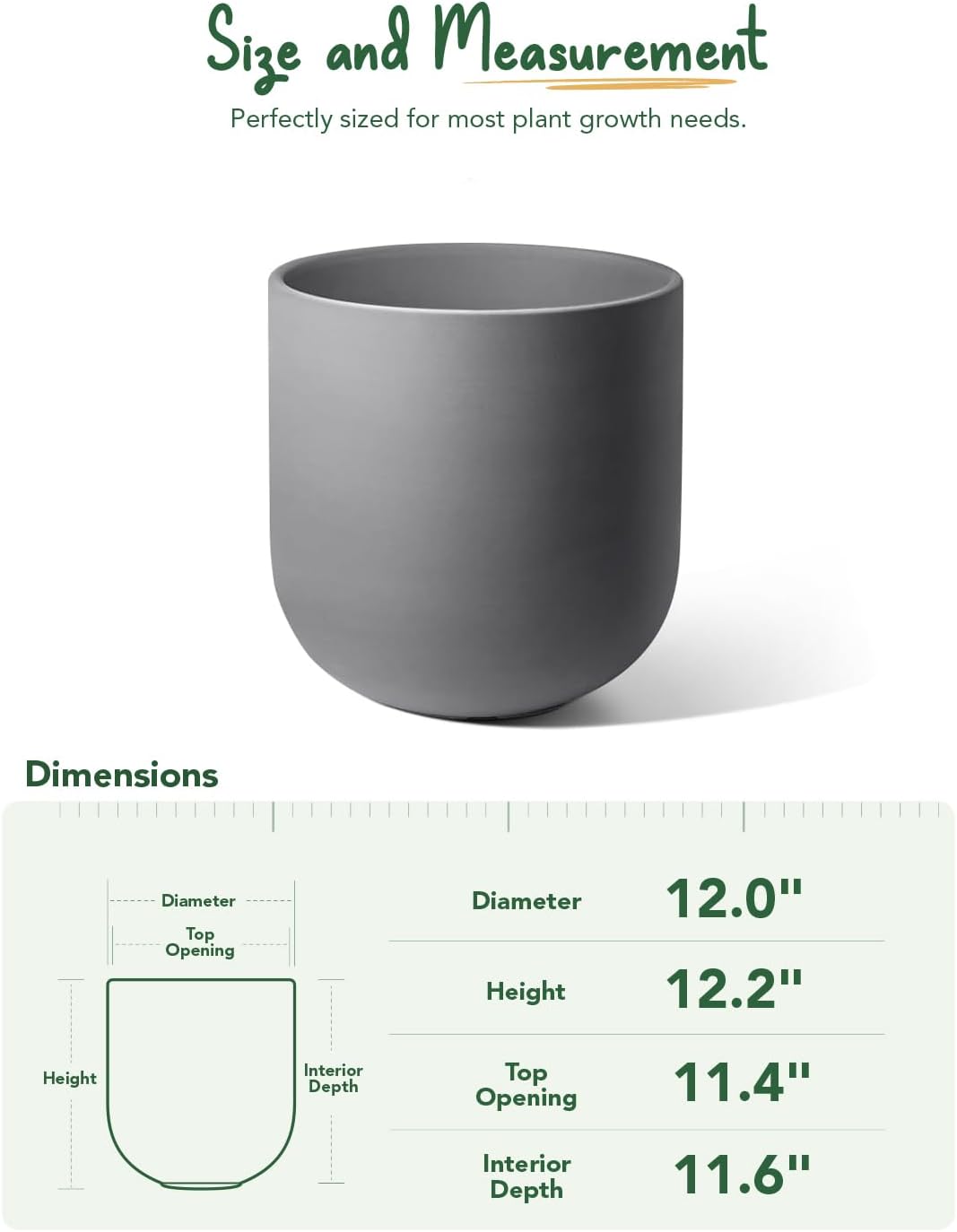 LE TAUCI 12 Inch Pots for Plants, Ceramic Large Planters for Indoor Plants, Indoor Plant Pots for Home Garden Patio Office, Big Planter Pots with Drainage Hole and Rubber Plug, Charcoal Gray