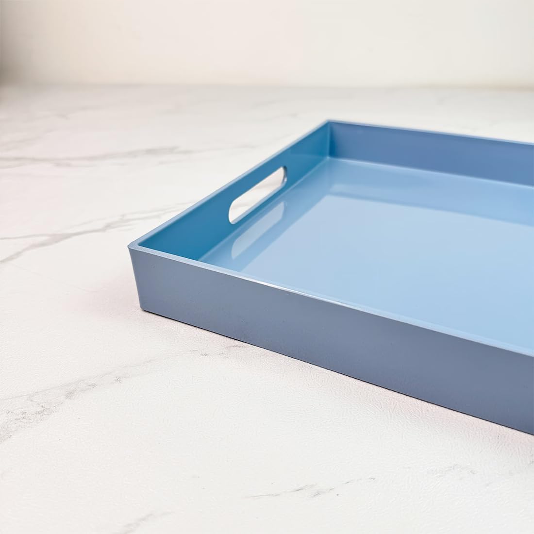 Light Blue Decorative Tray, Rectangular Large Serving Tray with Handles, Plastic Coffee Table Tray for Ottoman, Living Room, Kitchen Tabletop, 15.7” x 11.8” x1.6”