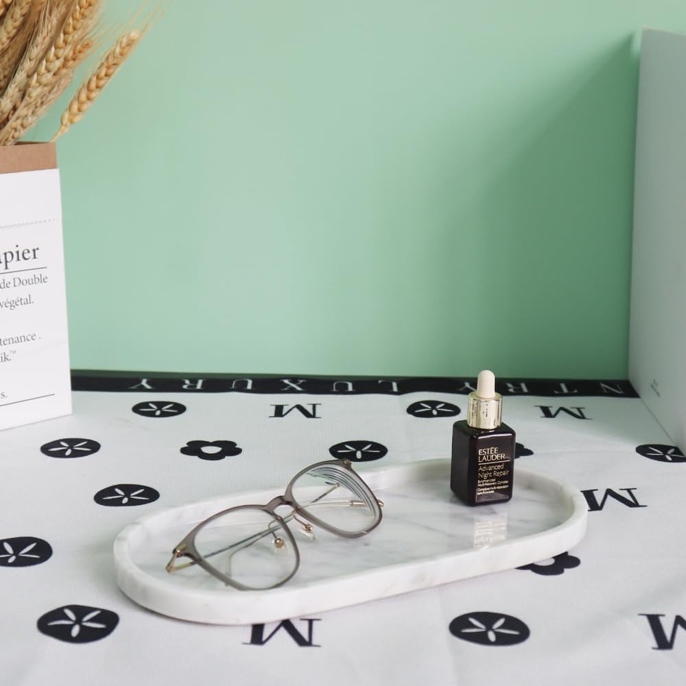 Natural Marble Tray, Oval Vanity Decorative Tray for Bathroom Counter, Countertop Stone Organizer, Catchall Tray for Kitchen, Perfume, Candles, Jewelry Dish Decorative Tray