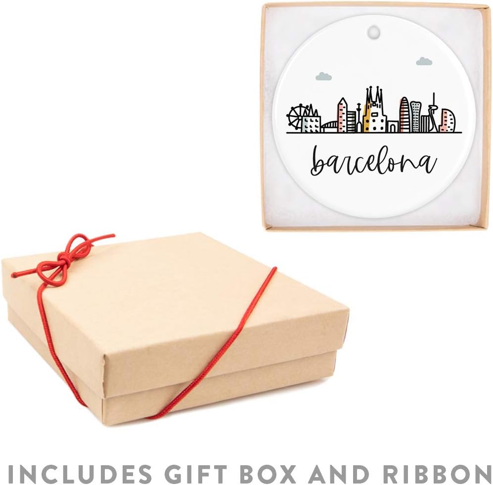 Andaz Press Round Ceramic Porcelain Christmas Tree Ornament Keepsake Gift, Barcelona, Colorful International City Skyline Graphic 1-Pack Birthday Family Coworker, Gift Box Barcelona Christmas Ornament