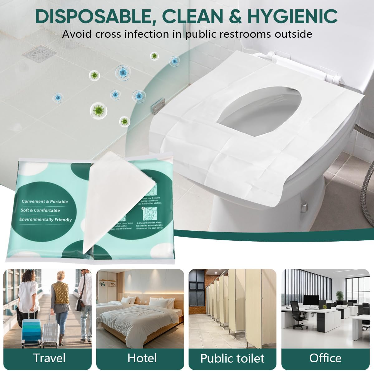 30 Pcs Disposable Flushable Paper Toilet Seat Covers Travel Supplies Essentials for Airplane, Public Restrooms, Bathroom, Hotels, Camping, Kids or Adults