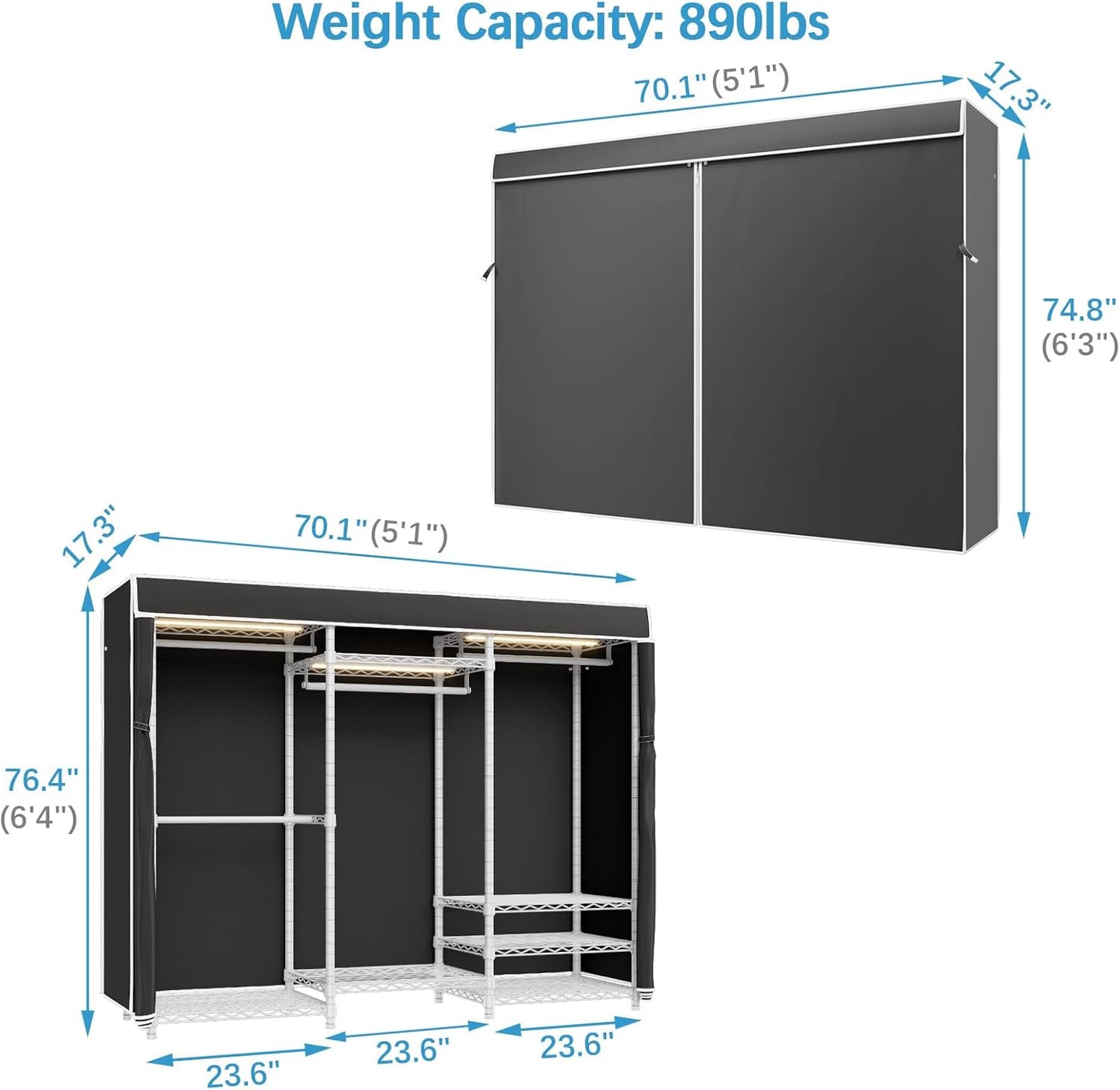 VIPEK V5LC Garment Rack Heavy Duty Covered Clothes Racks with Dimmable LED Light, 3000K Warm White, Portable Closet Wardrobe Freestanding Clothing Rack for Hanging Clothes, White Rack with Black Cover