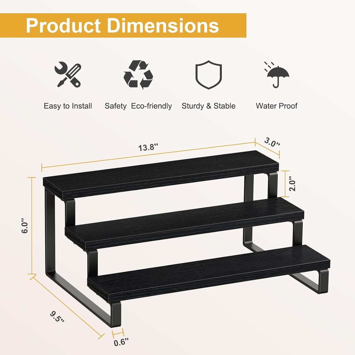 Giikin 3 Tier Spice Rack, Cabinet Organizer Shelf, Wooden Spice Rack for Countertop, Kitchen Counter Storage Shelves Cupcake Stand Holder Display Stand, Black