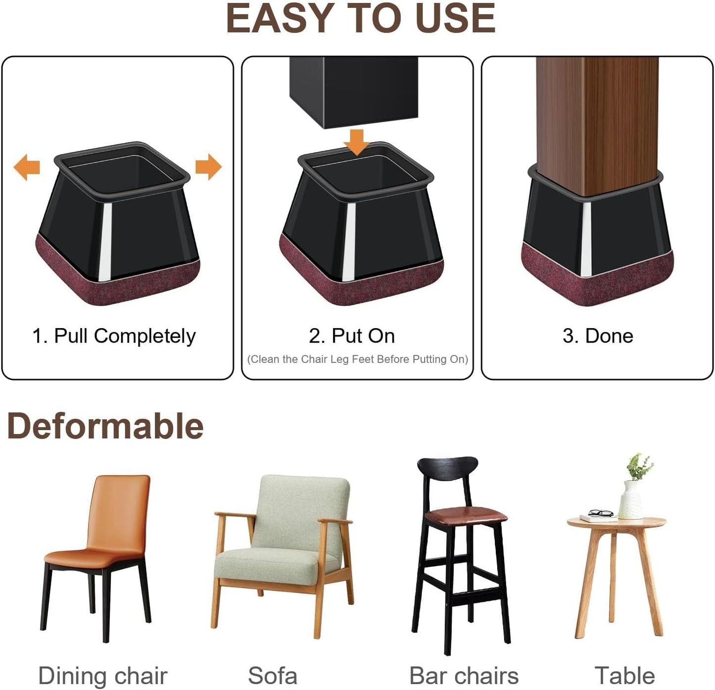 40 Pcs Chair Leg Floor Protectors for Hardwood Floors, Black Rubber Furniture Sliders with Felt, Silicone Furniture Leg Caps Covers (Fit Square Diameter:1.06" to 1.44")