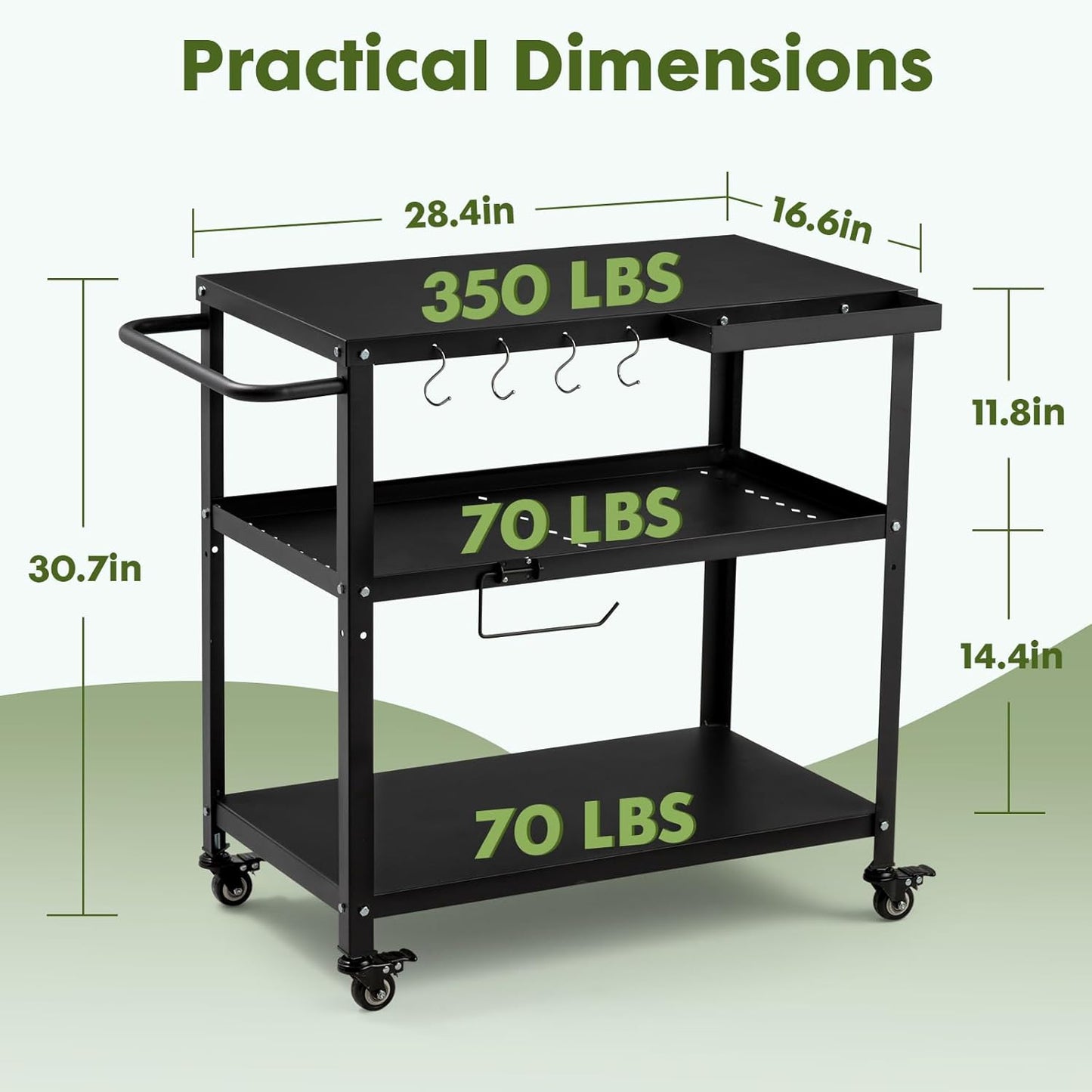 Outdoor Grill Cart Table,Indoor and Outdoor Pizza Oven Table,with 4 Movable Total Lock Casters, Hooks, Side Handle Multifunctional (Black)
