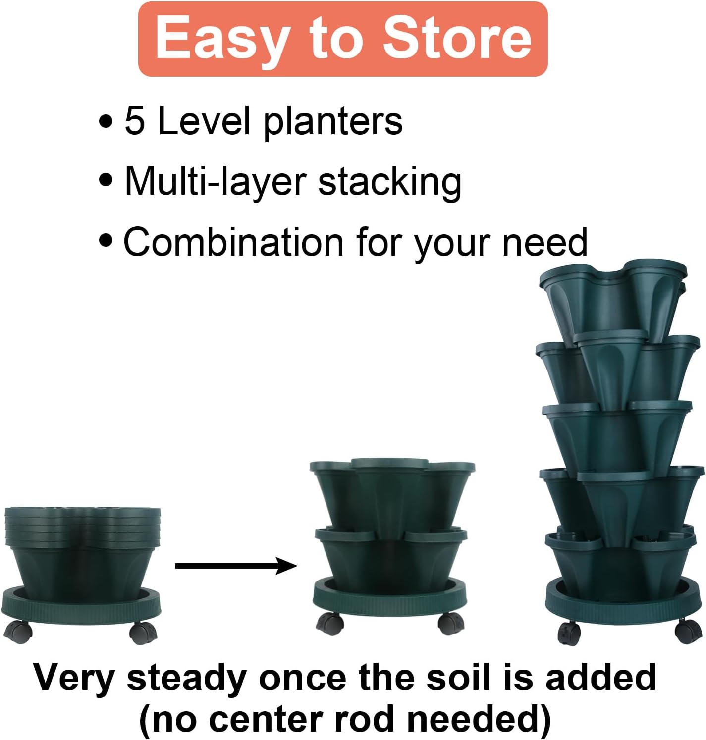 DUNCHATY Stackable Polypropylene Planters, 5-Tier, Pine Green, Indoor/Outdoor, 29" Height x 13.6" Diameter