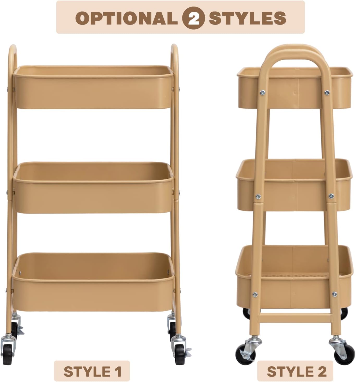 AGTEK Makeup Cart, Movable Rolling Organizer Cart, 3 Tier Metal Utility Cart with Lockable Wheels for Home & Office, Golden