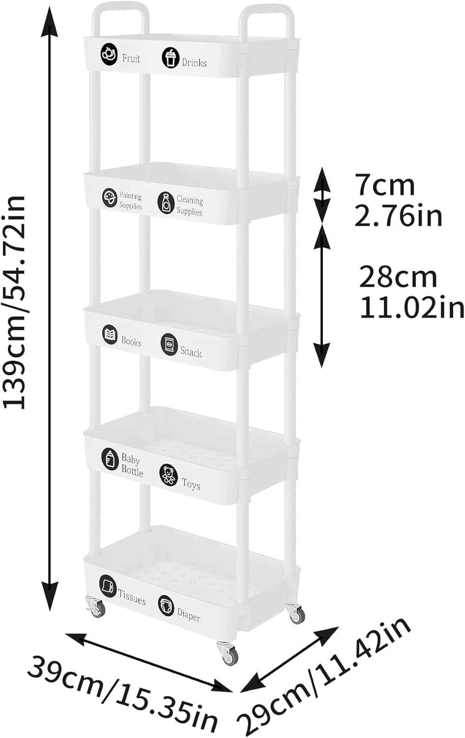 Laiensia 5-Tier Rolling Cart with Wheels,Multifunction Utility Storage carts, Kitchen Storage Organizer,Mobile Shelving Unit for Bathroom,Laundry,with Classified Stickers,White