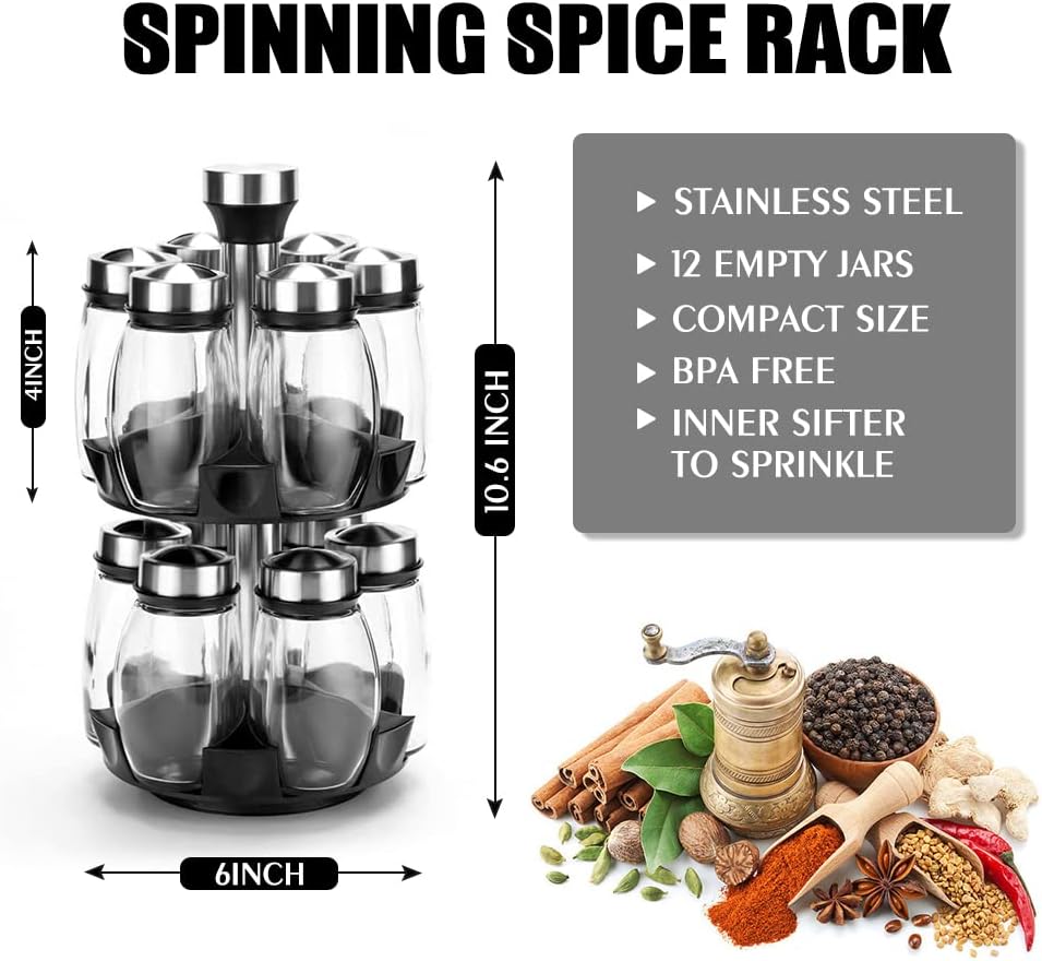 Revolving Spice Rack Organizer Countertop, Spinning Spice Storage Rack Tower Organizer with 12 Empty Jars, Rotating Spice Holder Shelf Seasoning Rack Shelf, Spice Seasoning Bottle Organizer