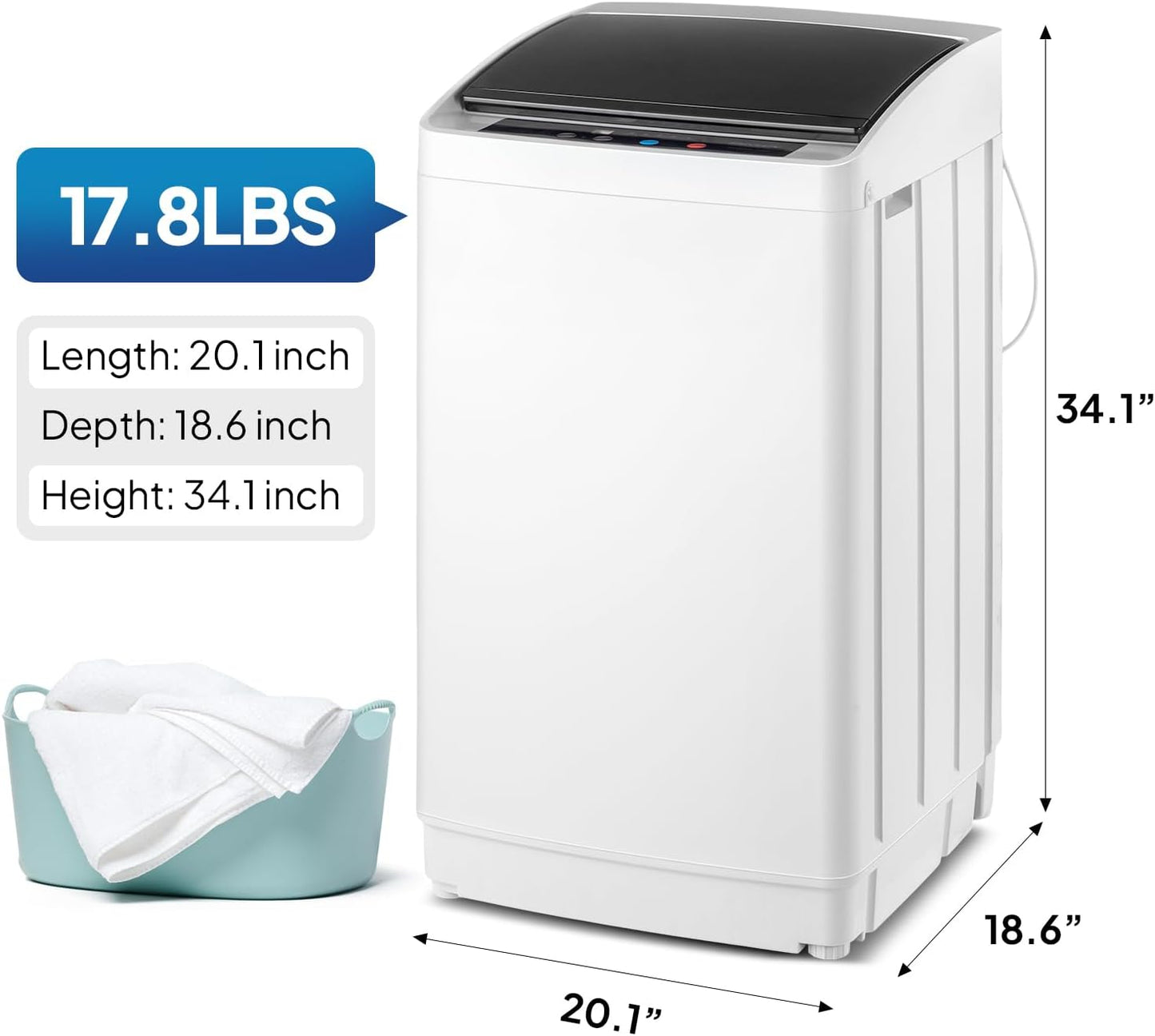 ROVSUN 17.8LBS Portable Washing Machine, Full-Automatic Electric Laundry Machine with Stainless Steel Drum, 110V Compact Washer and Spin Dryer Combo with Drain Pump for Apartment, Dorms, RV, Home