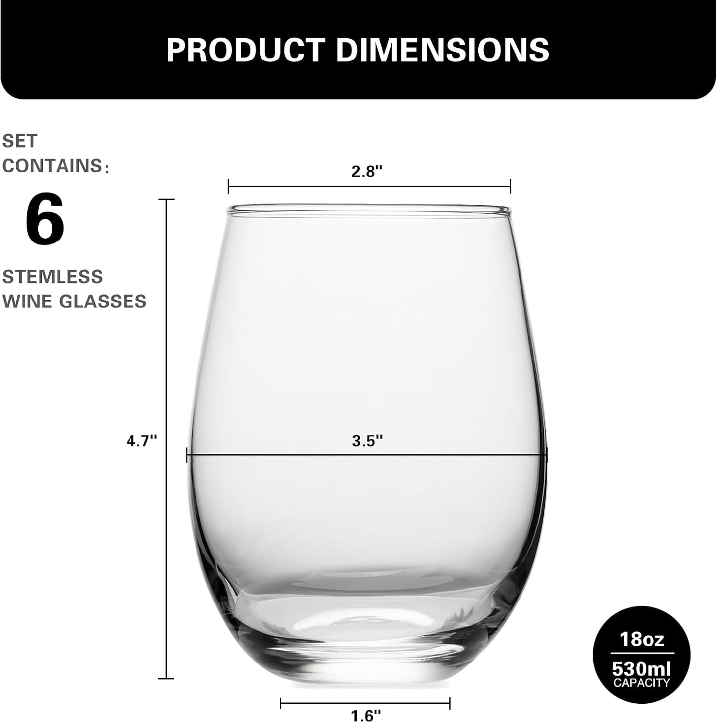Stemless Wine Glasses Set of 6, 18 Ounces Red & White Wine Glasses for Party, Lead-free, Ideal Wine Accessories Gift (Clear)