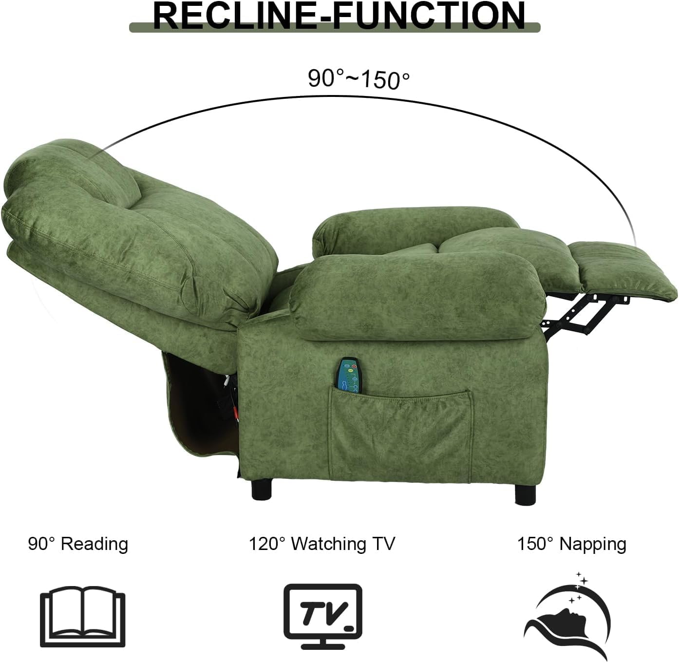 KCREAM Green Massage Recliner Chair, Small Recliners for Small Spaces, Overstuffed Recliners Living Room Chairs for Adults Fabric Manual Recliner Chairs with Heating Single Sofa Chair
