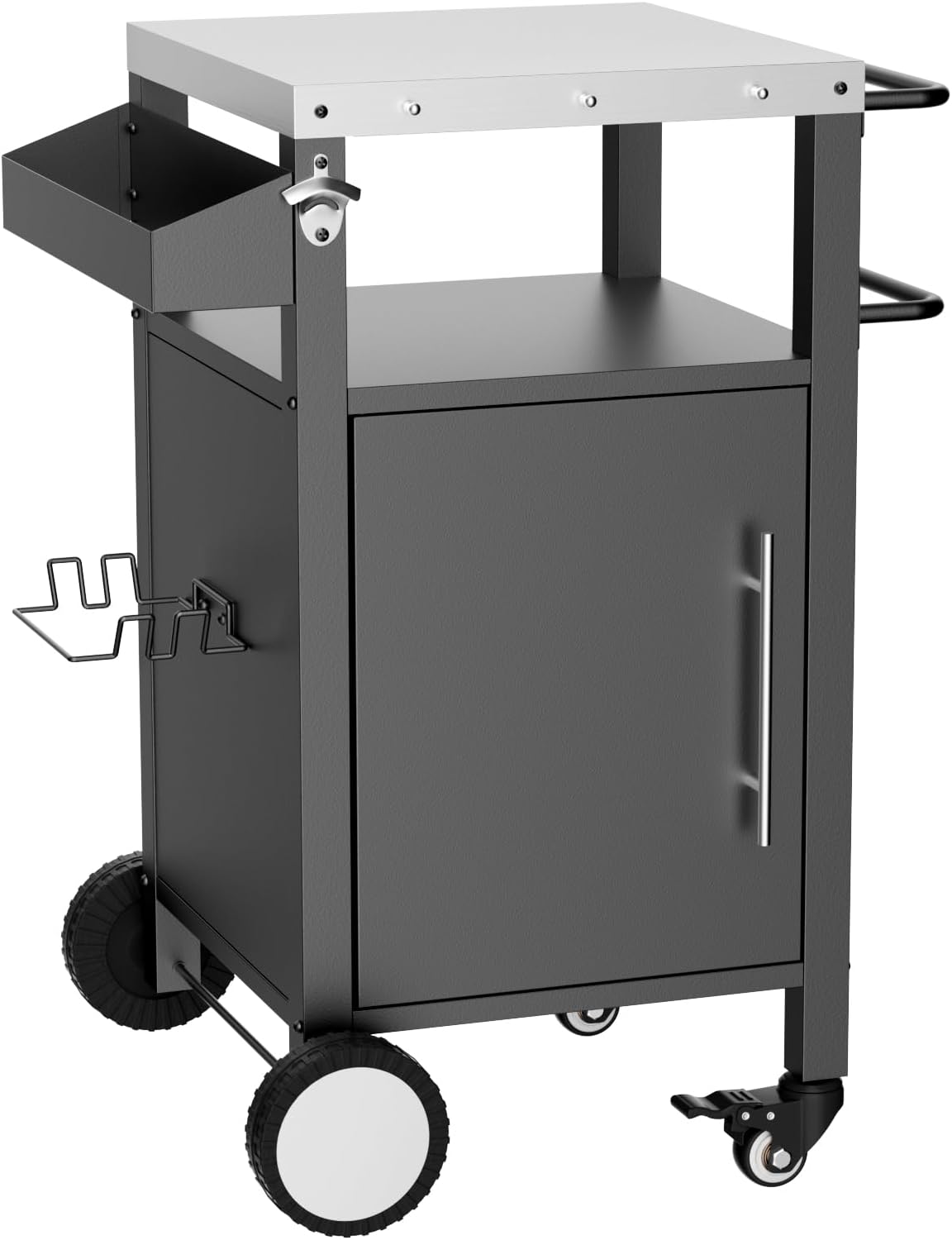 KEIKI Outdoor Grill Cart with Storage and Wheels, Rolling BBQ Prep Table with Spice Rack, Hooks, and Side Handles, Black Metal Bar Cart for Patio Kitchen and Grilling Accessories