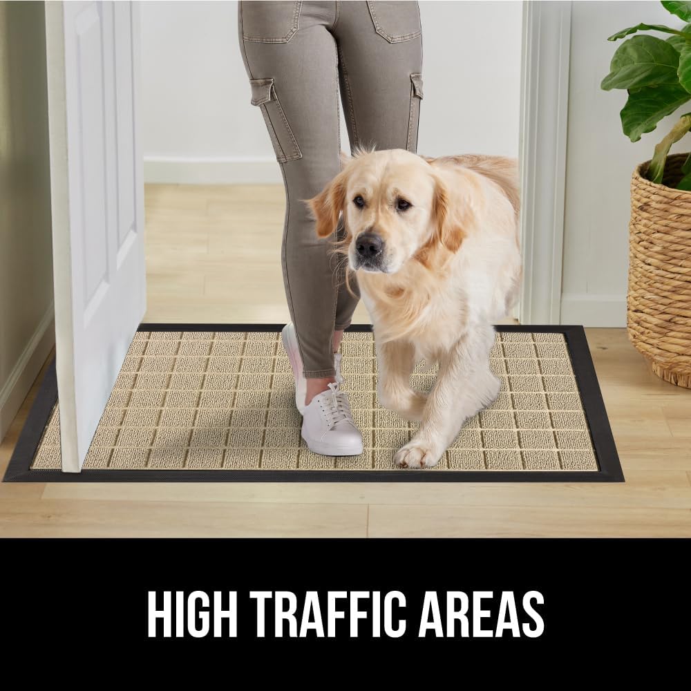 GORILLA GRIP 100% Waterproof All-Season WeatherMax Doormat US Designed Natural Rubber, Stain and Fade Resistant, Low Profile Indoor Outdoor Door Mats, Easy Clean Patio Mat, 17x29, Taupe Grid