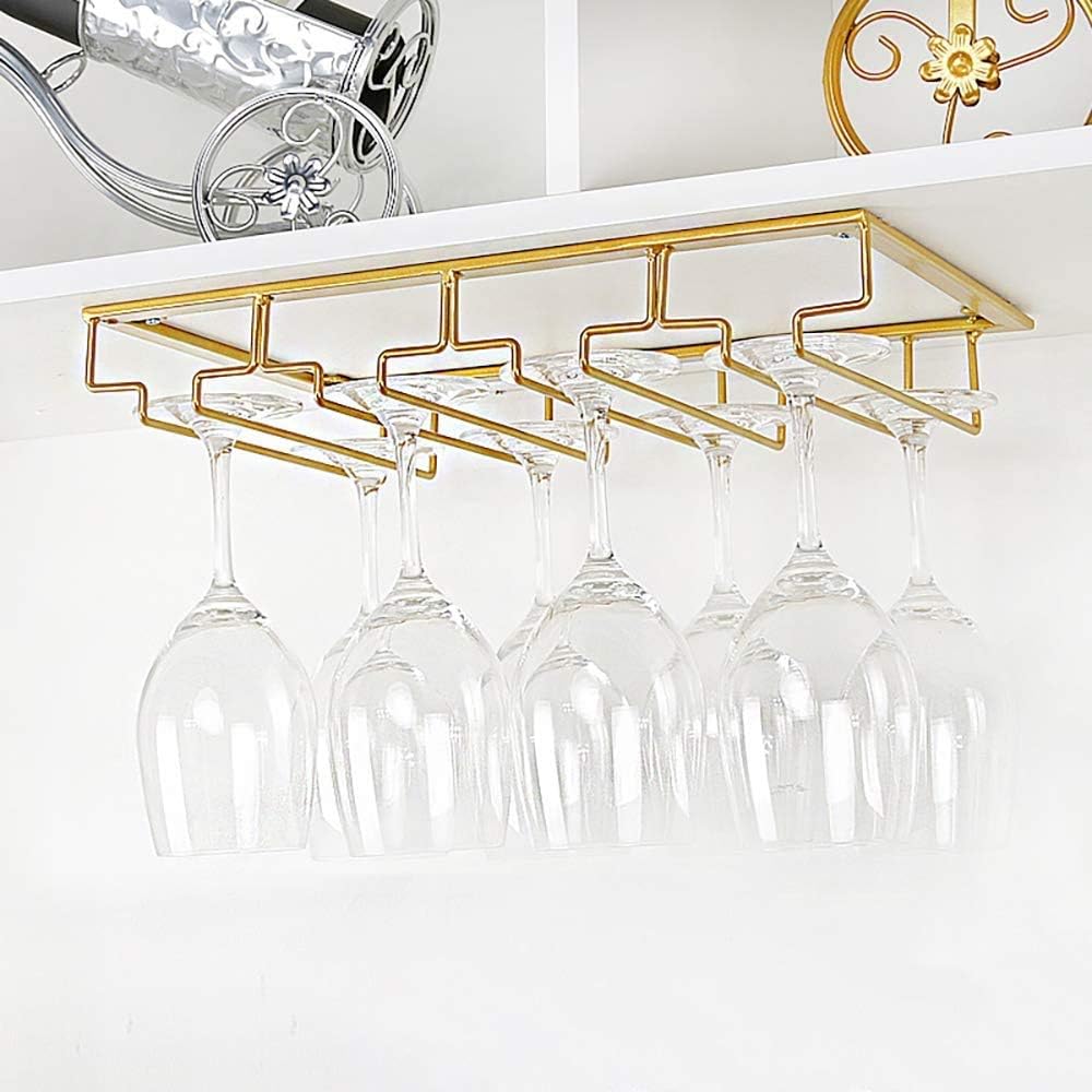 Wine Glass Rack - Under Cabinet Stemware Wine Glass Holder Glasses Storage Hanger 2 Pack Metal Organizer for Bar Kitchen 4 Rows Gold