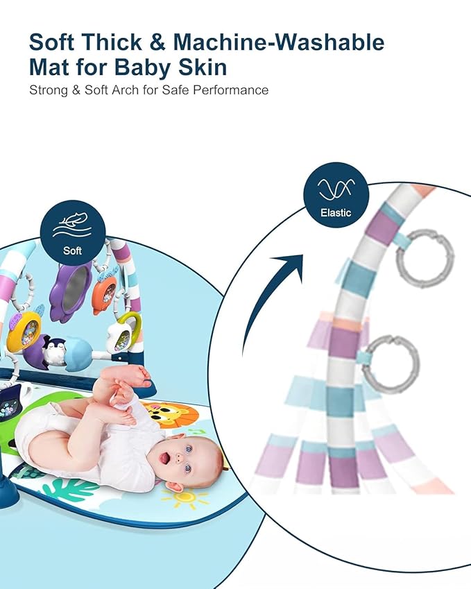 dearlomum Baby Play Mat Baby Gym,Funny Play Piano Tummy Time Baby Activity Mat with 5 Infant Sensory Baby Toys, Music and Lights Boy & Girl Gifts for Newborn Baby 0 to 3 6 9 12 Months(New Blue)