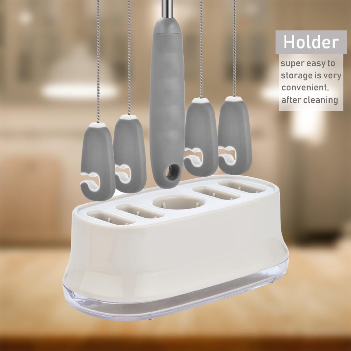 ALINK 5 Pack Water Bottle Brush Cleaning Set with Holder, Bottle Cleaner with Stand, Straw Nipple Lid Brush for Stanley Tumblers, Drinking Glass, Baby Bottles, Jugs - Gray