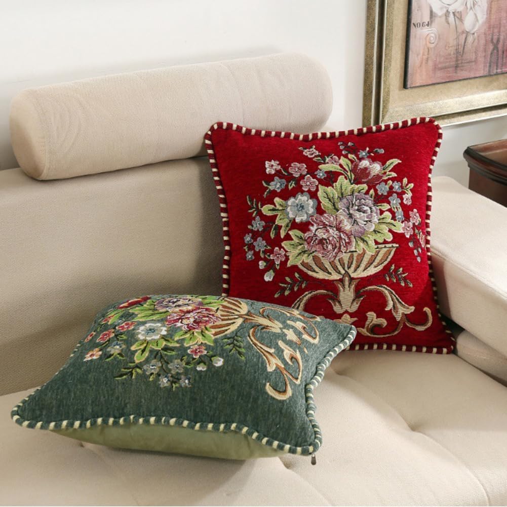 Set of 2 Spring Chenille Vintage Green Throw Pillows Covers 18x18in Sofa Couch Pillows for Living Room Floral Embroidered Cushion Cover for Bed Chairs Car