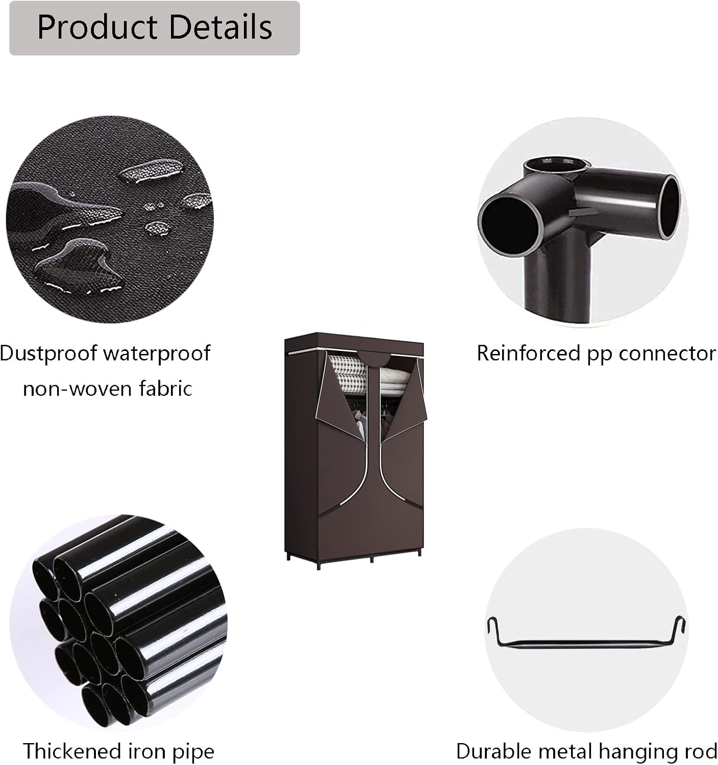 SORCEDAS Portable Wardrobe Closet Storage Organizer Metal Hanging Rack Non-Woven Fabric 34 Inch Coffee (34 Inch, Coffee)