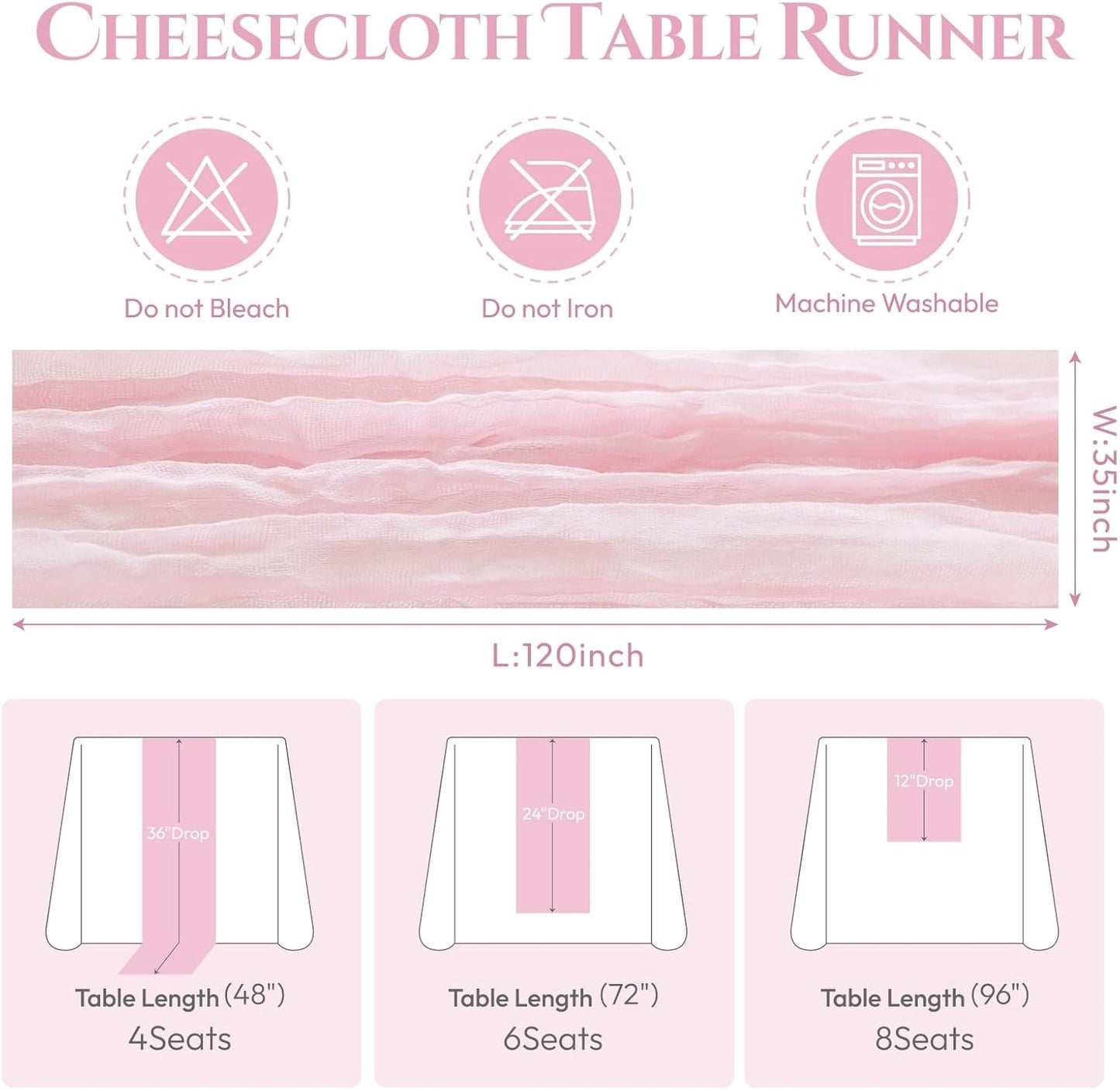 Sioloc 5 Pack Light Pink Cheesecloth Table Runner Fall Autumn Decor for Home 10ft Table Cloth for Tea Wedding Birthday Party Baby Bridal Shower Halloween Thanksgiving