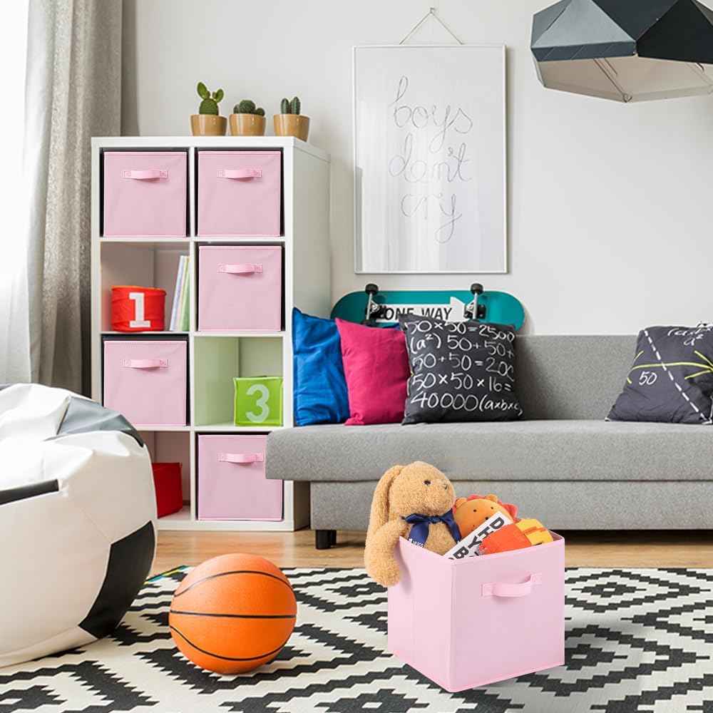 Stero Fabric Storage Bins 6 Pack Fun Colored Durable Storage Cubes with Handles Foldable Cube Baskets for Home, Kids Room, Closet and Toys Organization Pink