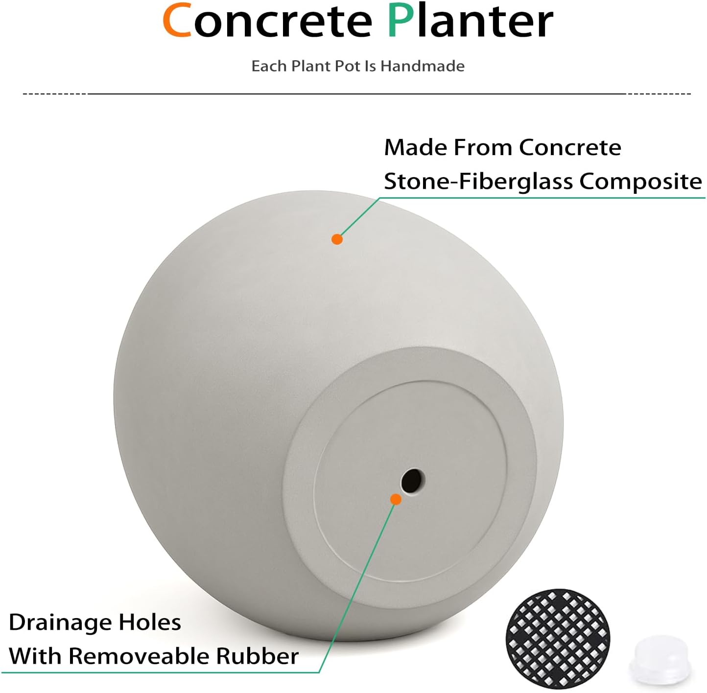 Ball Concrete Planter Outdoor Indoor, Large Tall Cement Plant Pots for Trees Flowers (Gray, 16 inch)