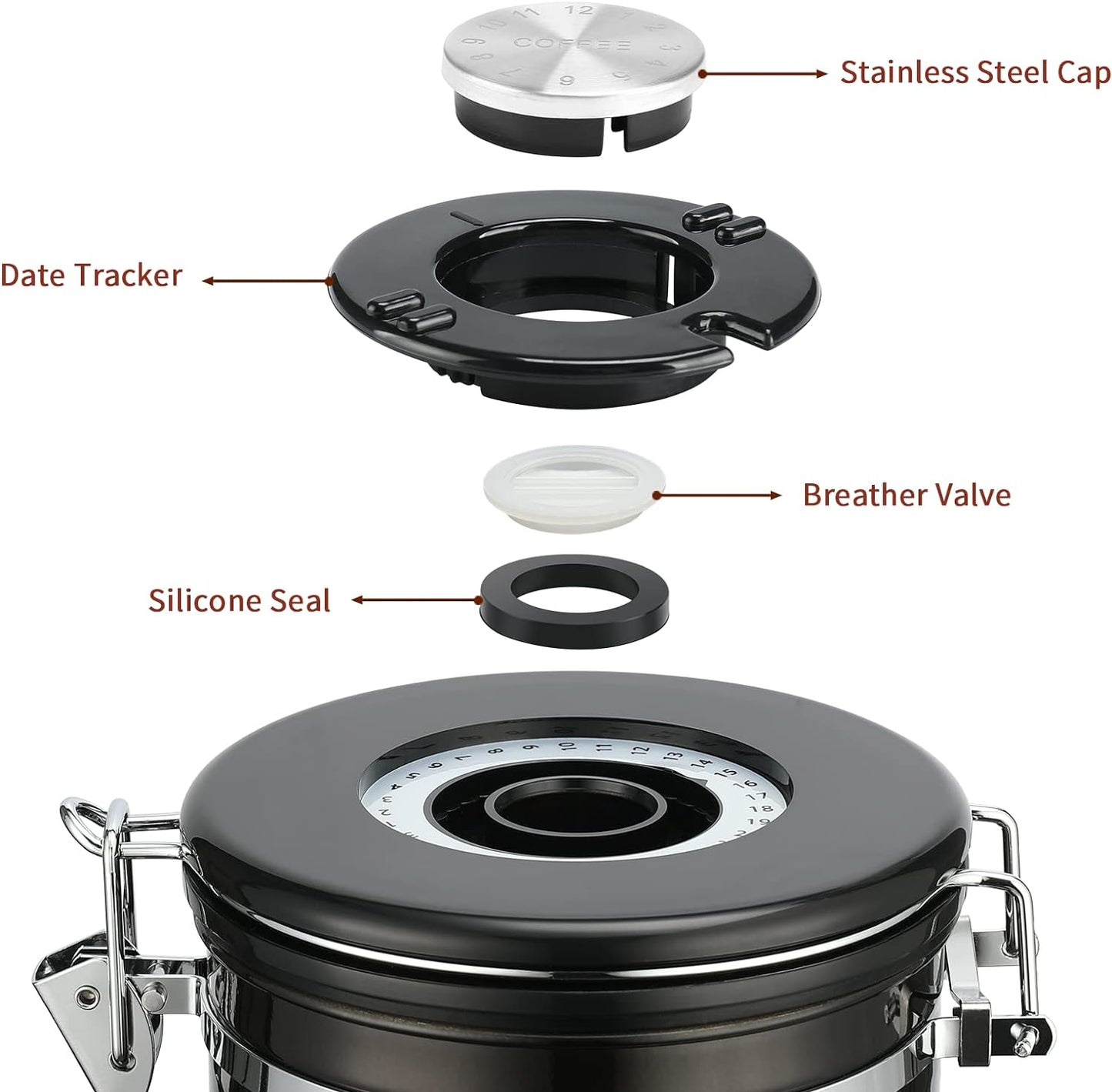 malmo Coffee Canister, Airtight Coffee Container with Date Tracker Lid, Stainless Steel Canister for Kitchen Food Storage (Black-Copper, 22oz with 1/4 Cup)