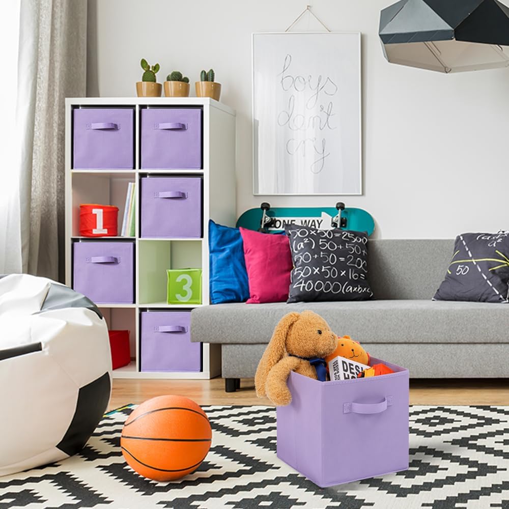 Stero 13x13x13 Inch Fabric Storage Bins 6 Pack Fun Colored Durable Storage Cubes with Handles Foldable Cube Baskets for Home, Kids Room, Closet and Toys Organization Purple