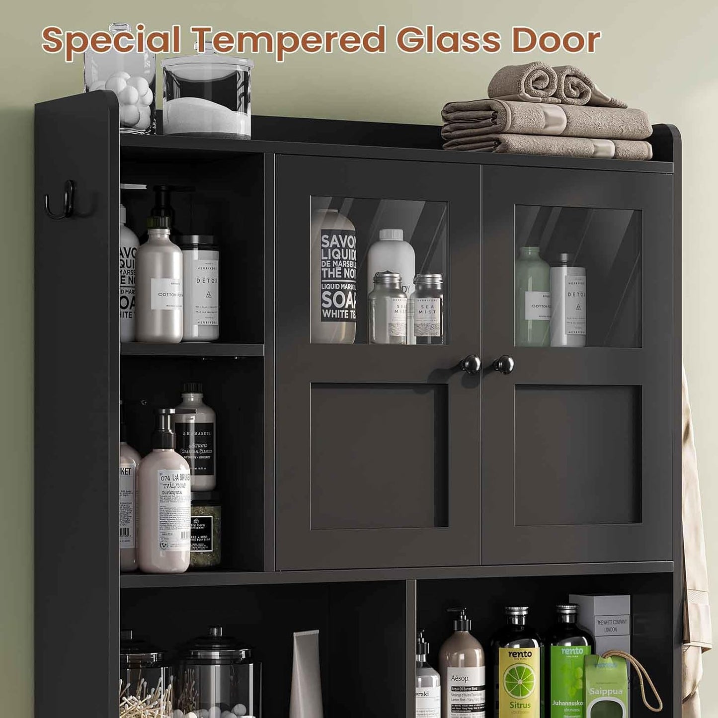 Itaar Over The Toilet Storage Cabinet, Over Toilet Bathroom Organizer with Glass Doors & Toilet Paper Holder Stand, Home Space-Saving Toilet Rack, for Bathroom, Restroom, Laundry(Black)