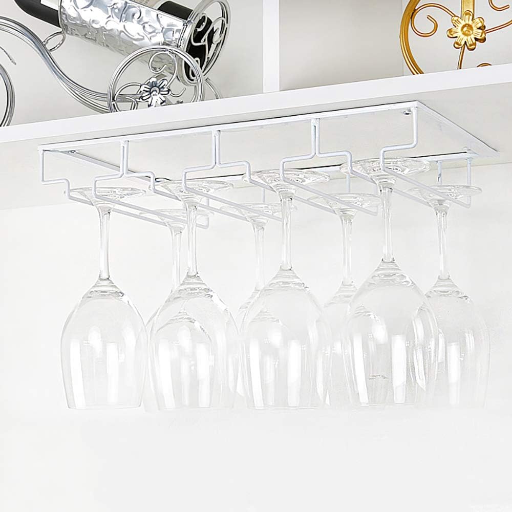 Wine Glass Rack Under Cabinet - Stemware Holder Metal Wine Glass Organizer Glasses Storage Hanger for Bar Kitchen Brown 4 Rows White
