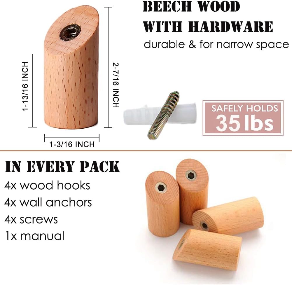 Wood Wall Hooks, 4 Pack Coat Hooks Mounted Rustic Wooden Heavy Duty Robe Hook Hat Rack | for Hanging Bathroom Towels Clothes Hanger (Beech Wood)