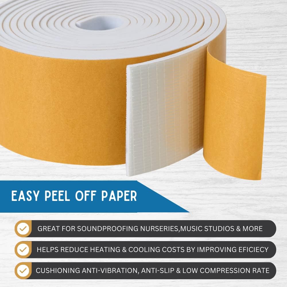High Density Foam Weather Stripping Door Seal Strip Insulation Tape Roll for Insulating Door Frame, Window, Air Conditioner | Self Adhesive Sealing Weatherstrip (2 in x 1/8 in x 10 Ft, White)