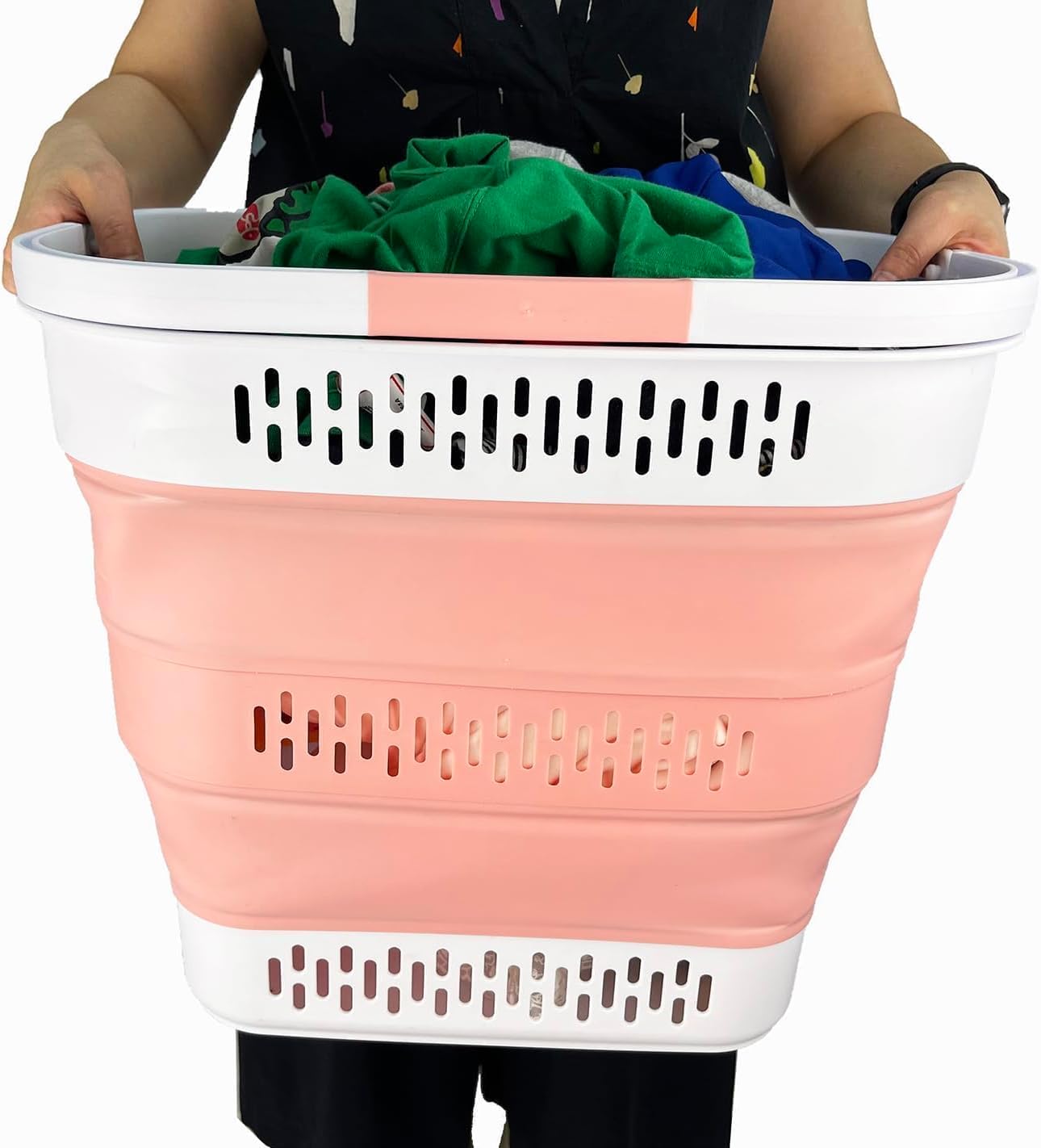 SAMMART 40L (10.5 Gallon) Collapsible Plastic Laundry Basket with Handles - Foldable Pop Up Storage Container/Organizer - Portable Laundry Hamper - Space Saving (1, Grey/Quartz Pink)