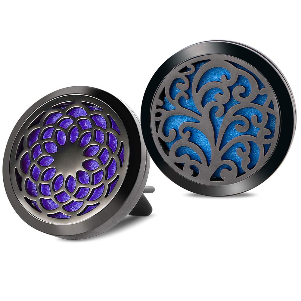 2PCS 30mm Car Aromatherapy Essential Oil Diffuser Stainless Steel Black Locket with Vent Clip 12 Felt Pads