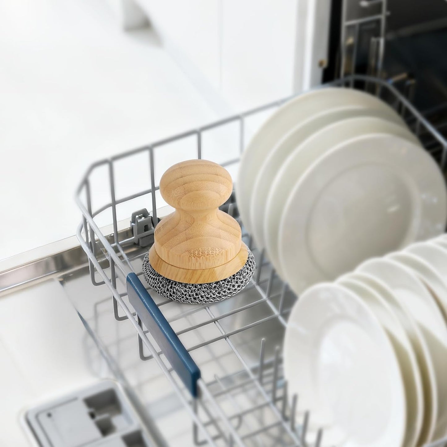 Cast Iron Scrubber and Scraper,Chain Mail Cleaner with Bamboo Handle & Draining Tray,316 Stainless Steel Brush for Cleaning Pots,Pans,Wok,Bakeware,Griddles, Grills(Small Chainmail,2pcs)