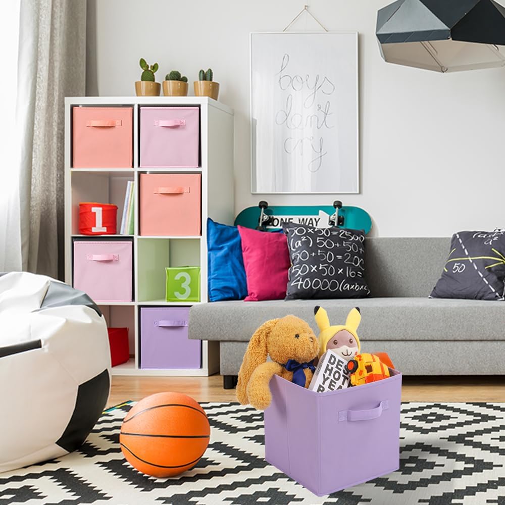 Stero Fabric Storage Bins 6 Pack Fun Colored Durable Storage Cubes with Handles Foldable Cube Baskets for Home, Kids Room, Closet and Toys Organization Purple, Pink, peachpuff
