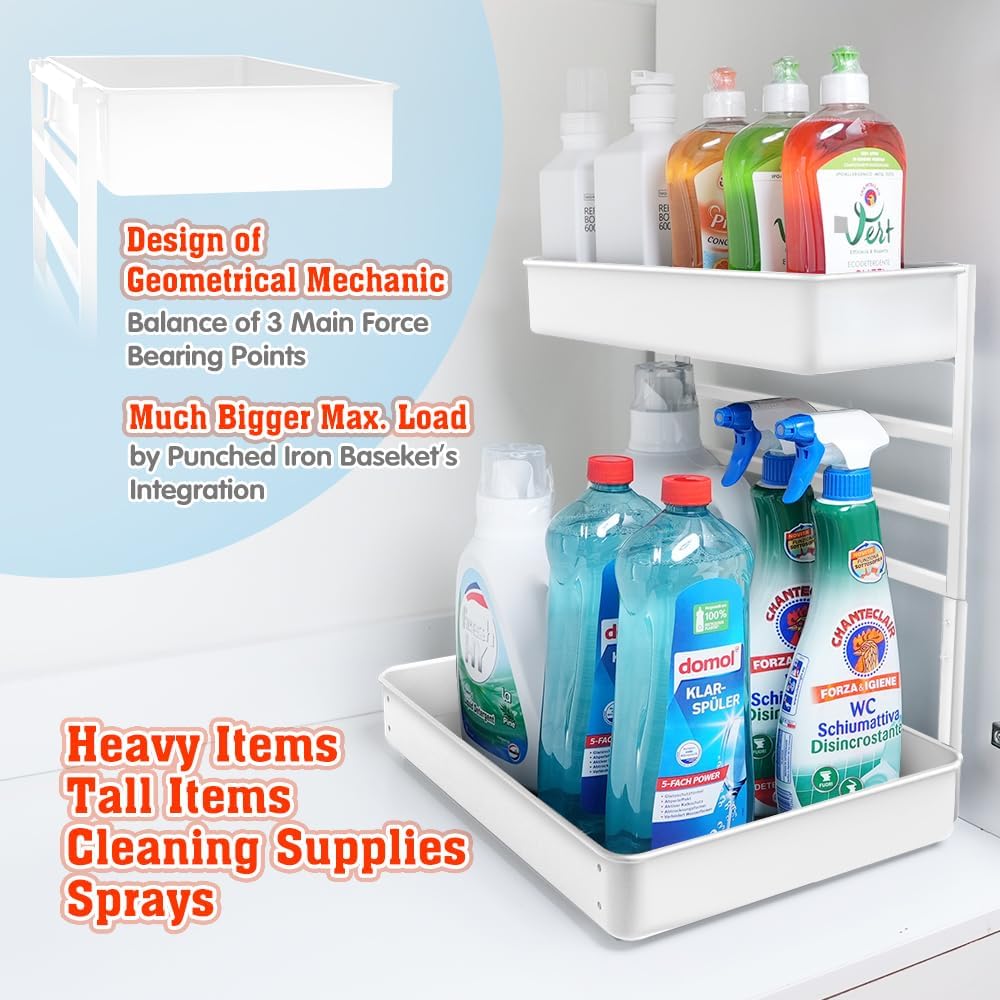 EVERIE Height Adjustable 2 Tier Metal Pull Out Slide Shelf Organizer for Framed or Frameless Under Sink Cabinets in Kitchen, Bathroom, with Snap-on Top Tray (White, 2 Sets)