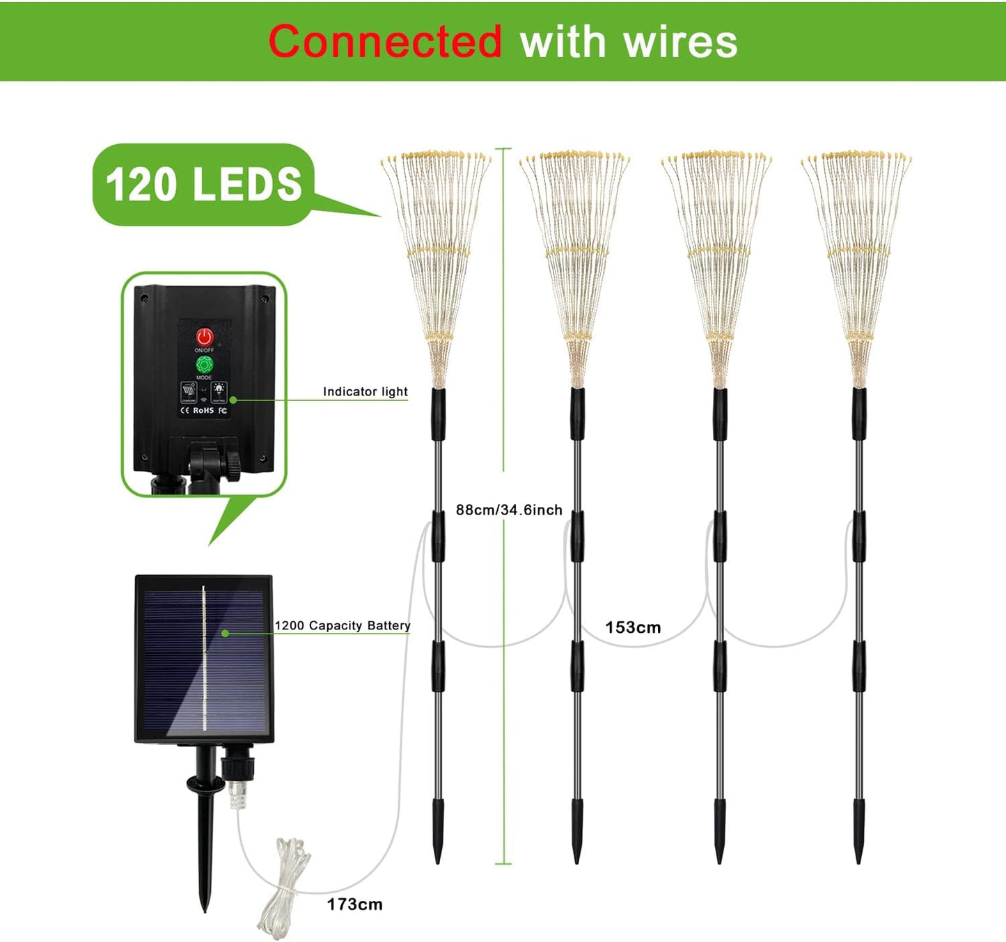 Solar Outdoor Warm White Garden Lights, 4 Pack Firework With 120 LED Starburst String 8 Modes Fairy With Remote, for Wedding Christmas, Lawn Backyard Party Patio Decoration