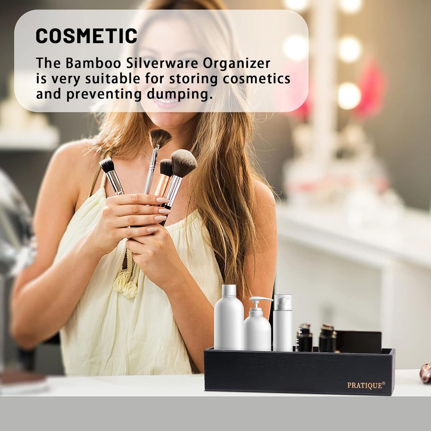 Bamboo Drawer Organizer - Kitchen Utensil Organizer Silverware Tray Cutlery Holder,Office Desk Supplies and Accessories,12 * 3 * 2.6inch,Black