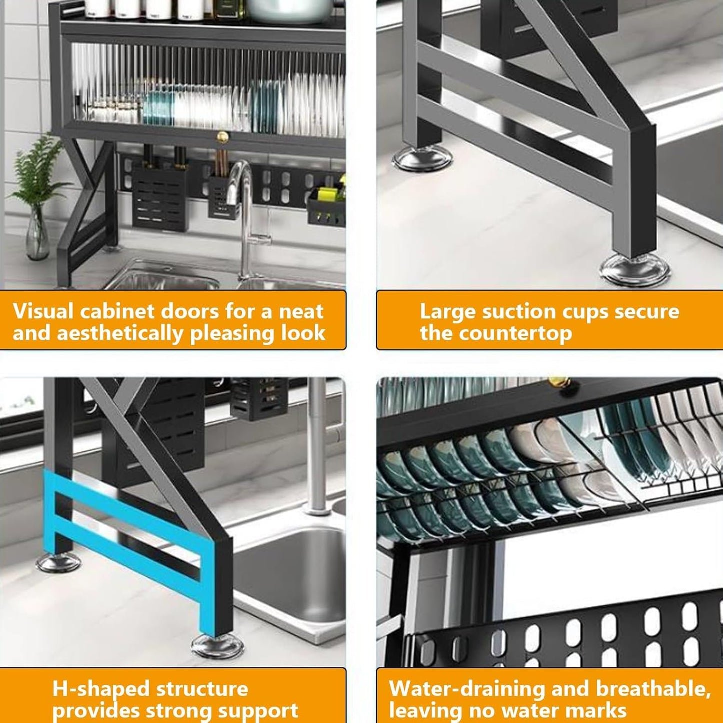 Kitchen sink rack dishwashing sink countertop dustproof cupboard storage multifunctional tableware storage drain rack double layer,KeepKitchen Sink Shlef Organized Space-Saving(Black,85cm/33.5in)