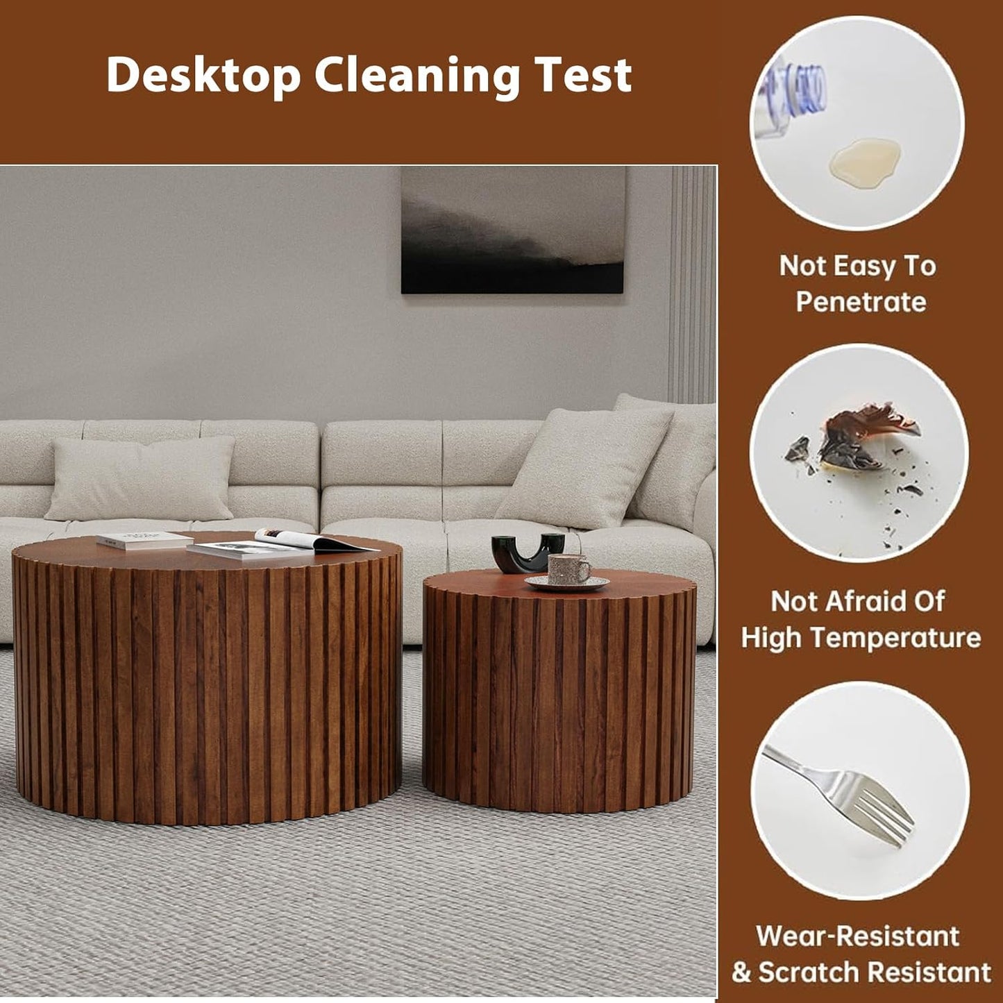 Round Nesting Coffee Table Set of 2 Modern Round Walnut Coffee Table Small Circular End Table Side Table Coffee Tables Circle Nested Coffee Tables for Living Room (Brown Small)