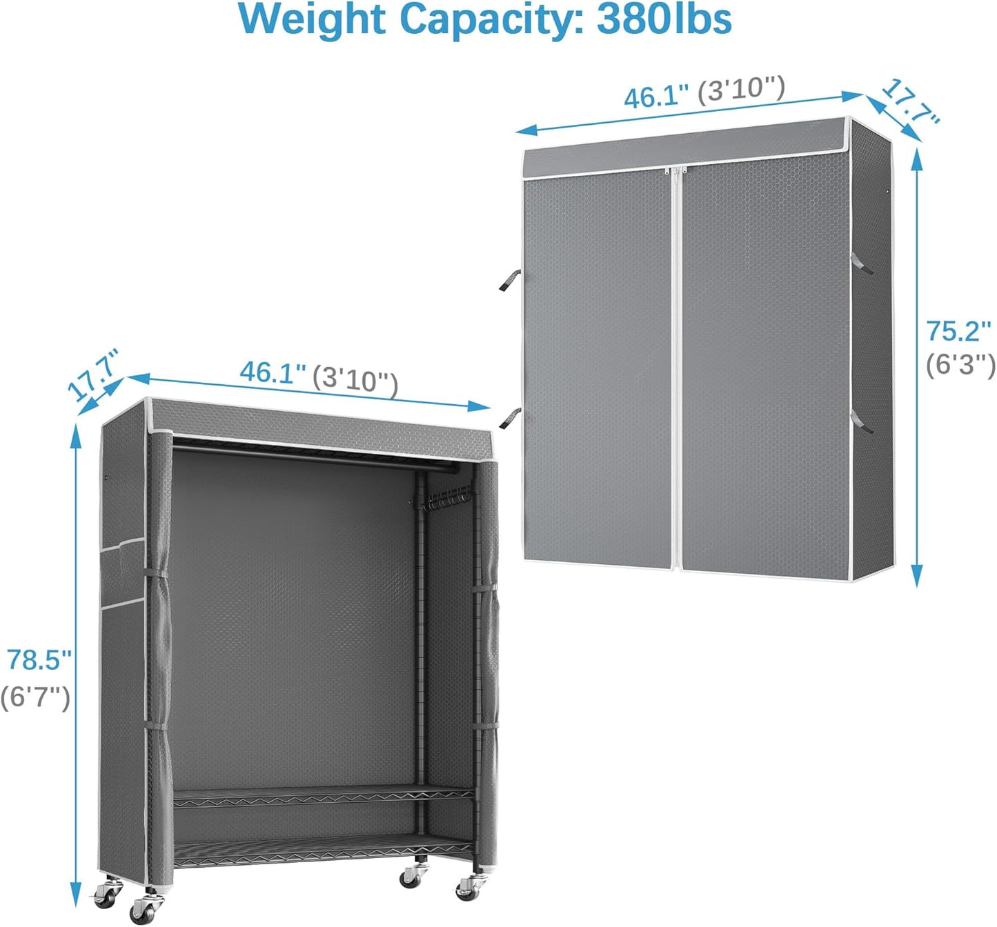 VIPEK R3C Plus Garment Rack Rolling Clothes Racks with Locking Wheels, Heavy Duty Clothing Rack Portable Closet with Adjustable Shelves & Side Hooks, Black Rack with Grey Upgraded Polyester Cover