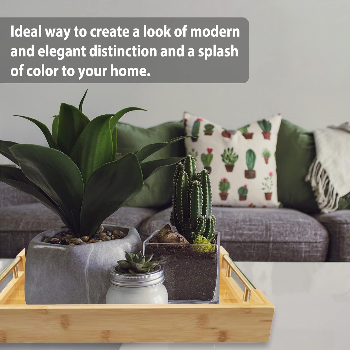 Bamboo Wood Serving Tray with Gold Polished Metal Handles, Decorative Tray Platter Coffee Table Tray Rectangular Wooden Breakfast Tray for Ottoman, Kitchen, Bedroom, Lap &Couch - 15x10.4 Inch