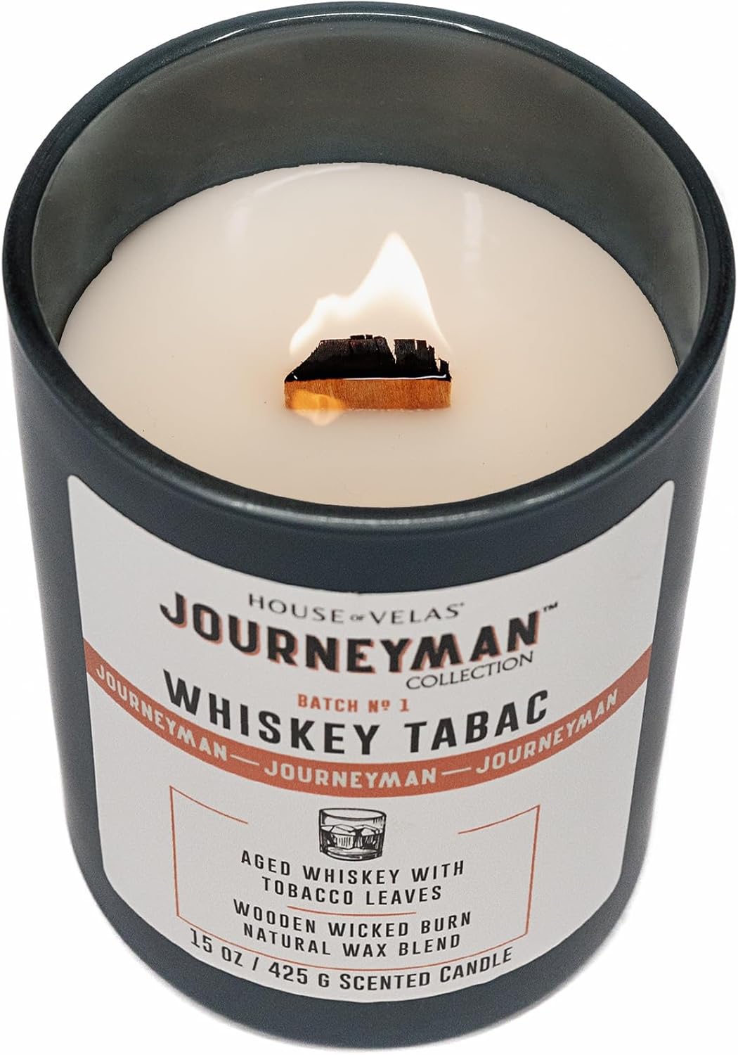 Journeyman Collection Candle, 15oz, Wooden Wick, Whiskey Tabac, Large Painted Jar