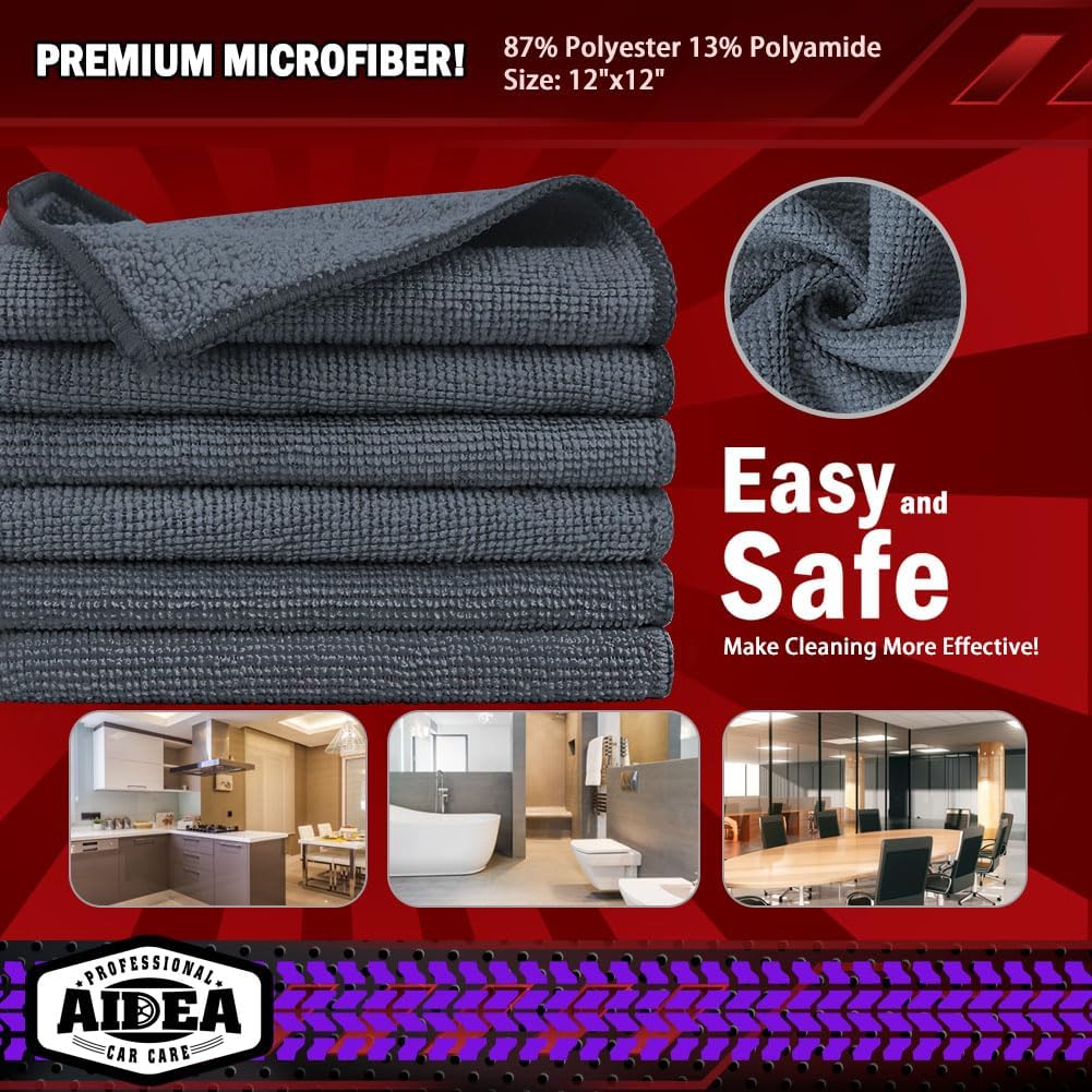AIDEA Microfiber Cleaning Cloth Grey 150PK, Microfiber Towels for Cars, Premium Car Cloths, Dusting Cloth Lint Free Cleaning Rags for SUVs, House, Kitchen, Window, Workshops,12×12"