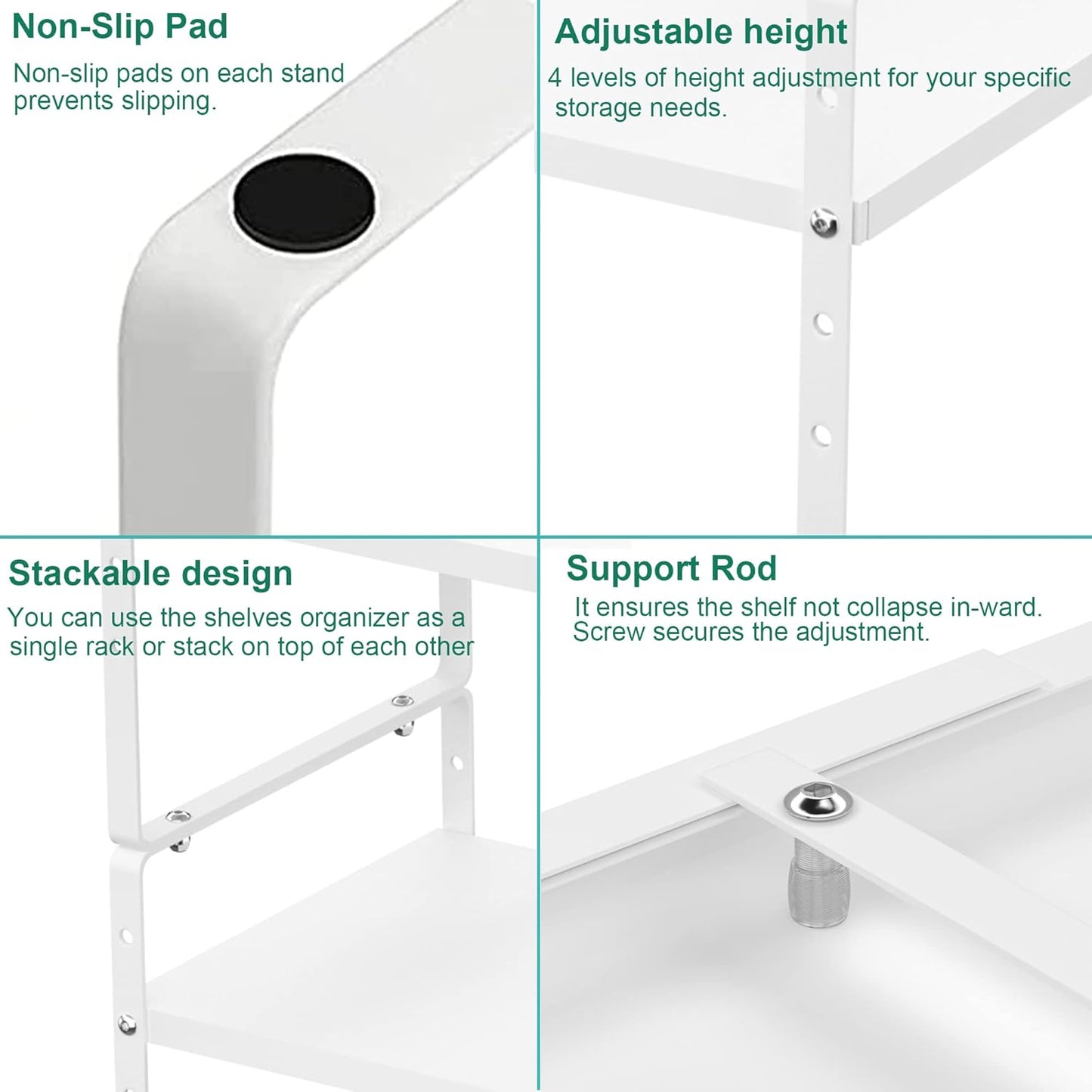 iPEGTOP Expandable Cabinet Storage Shelf Organizer Rack, 2 Pack Heavy Duty Steel Metal Spice Rack Adjustable Height Garage Pantry Shelf Space Riser for Counter Kitchen Organization, White