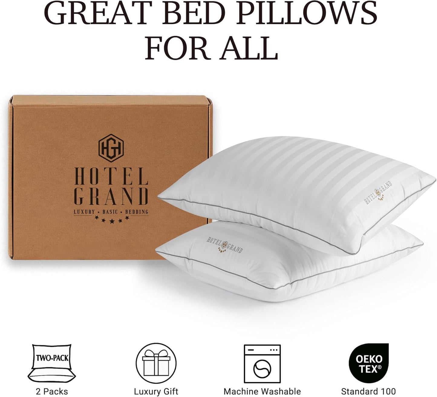 Hotel Grand Softy-Around Feather Down Pillows King Size Set of 2 Packs White Strip 100% Cotton Fabric Bed Pillows for All Position Sleepers,36"x20"/2 Packs