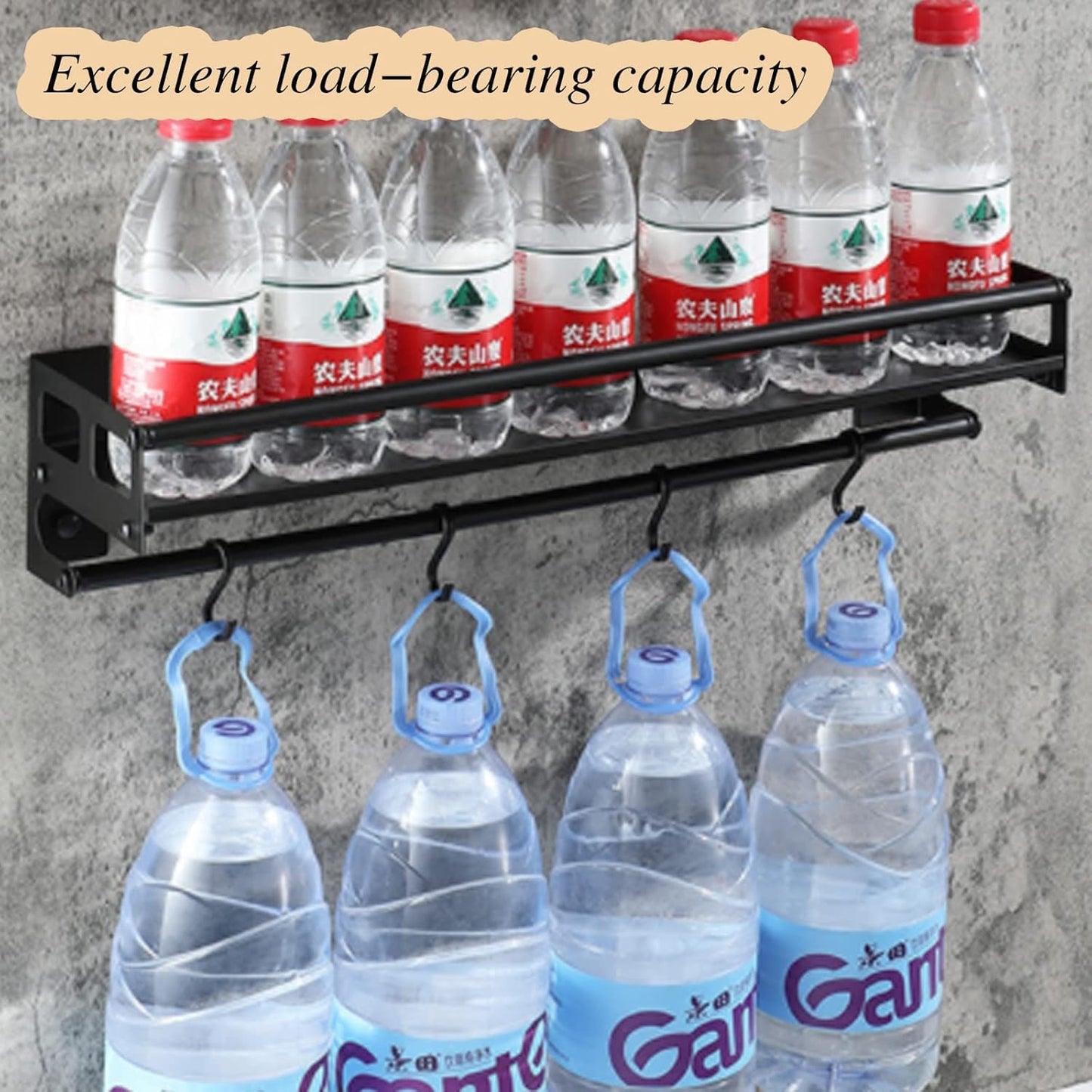 Wall Mount Storage Holder,Stainless Steel Strong Shelf with 6 Removable Hooks, Spice Rack Organizer,Kitchen Organizer Shelf, Space Saving Spice Rack and Kitchen Storage (black)