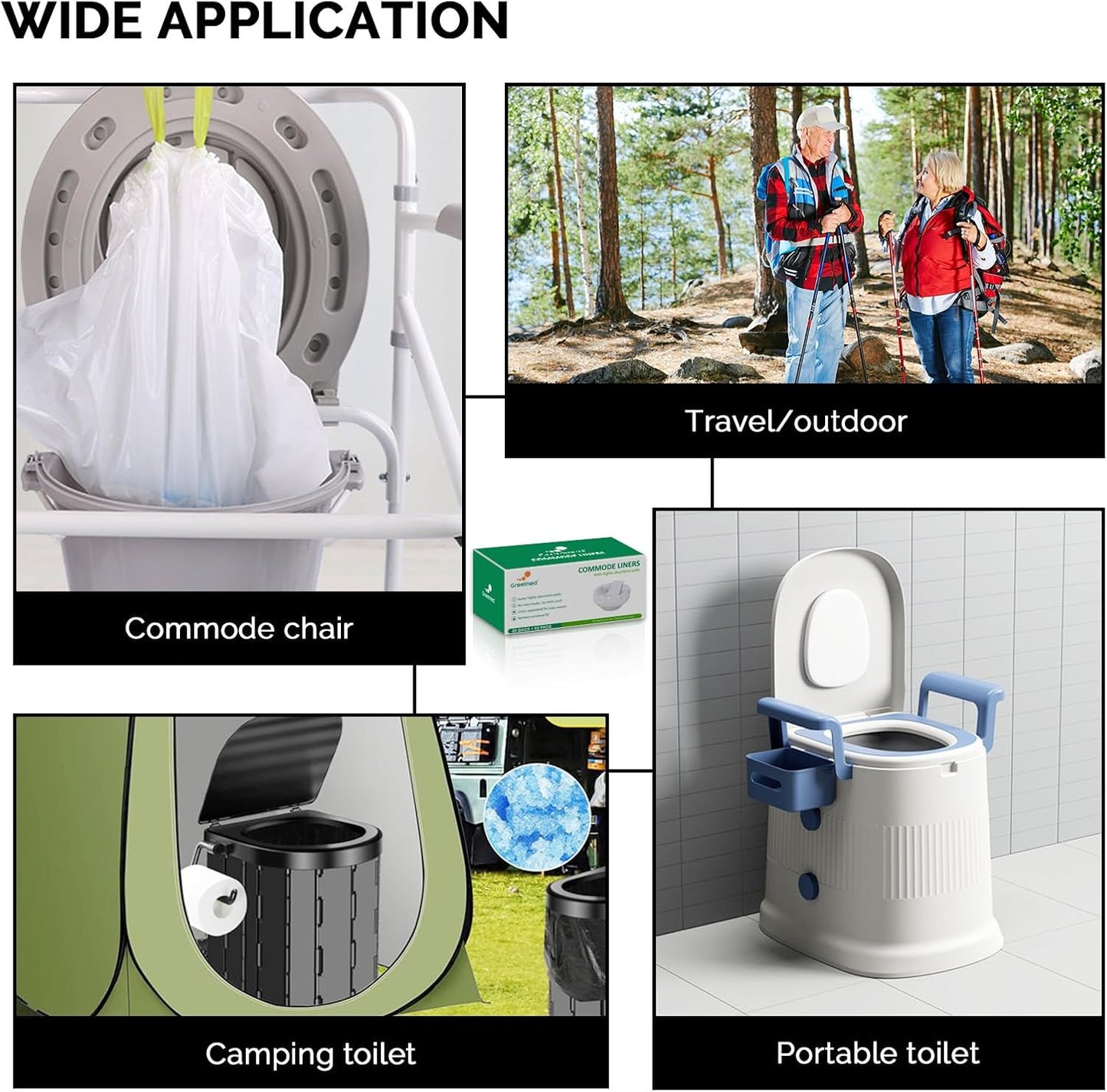 Commode Liners with Absorbent Pads - 60 Pack Disposable Potty Liners for Portable Potty Chair, Large Strong Bags for Camping or Portable Toilet with Gel - Fit All Standard Commode Chair Bucket